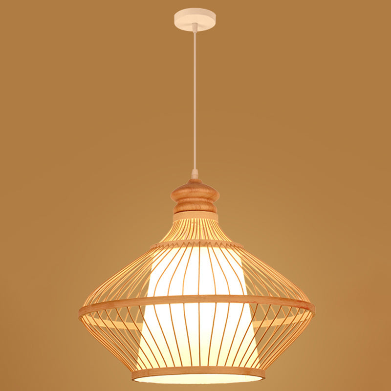 Asian Style Simplicity Pendant Lamp - Double Shade With Bamboo & Imitation Sheepskin Accent Wood /