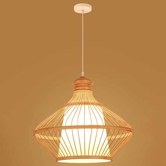 Asian Style Simplicity Pendant Lamp - Double Shade With Bamboo & Imitation Sheepskin Accent Wood /