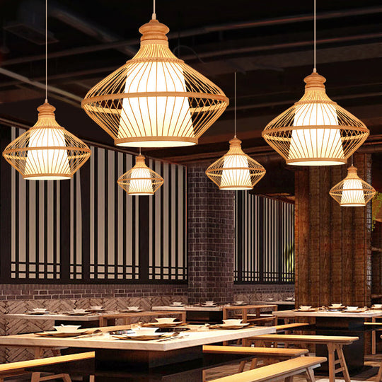 Asian Style Simplicity Pendant Lamp - Double Shade With Bamboo & Imitation Sheepskin Accent