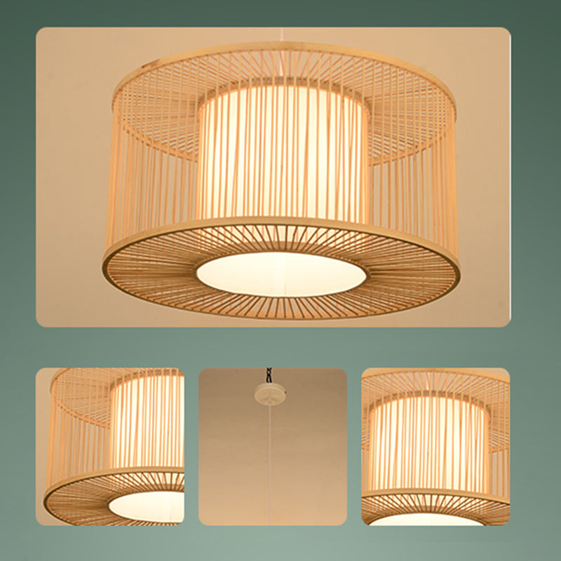 Asian Style Simplicity Pendant Lamp - Double Shade With Bamboo & Imitation Sheepskin Accent