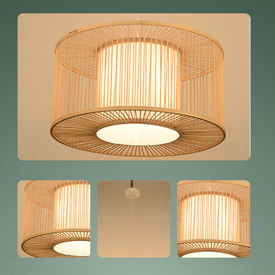 Asian Style Simplicity Pendant Lamp - Double Shade With Bamboo & Imitation Sheepskin Accent