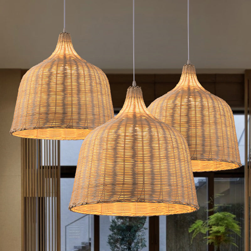 Hand-Woven Bamboo Bell-Shaped Pendant Light With Asian Rattan Shade And 59 Hanging Wire
