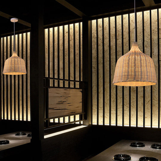 Hand-Woven Bamboo Bell-Shaped Pendant Light With Asian Rattan Shade And 59 Hanging Wire