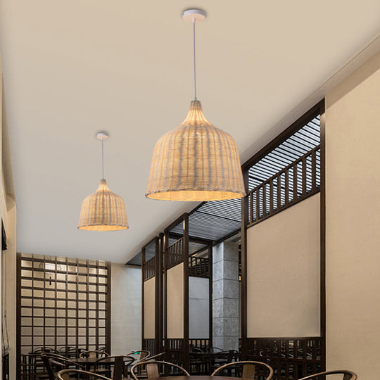 Hand-Woven Bamboo Bell-Shaped Pendant Light With Asian Rattan Shade And 59 Hanging Wire