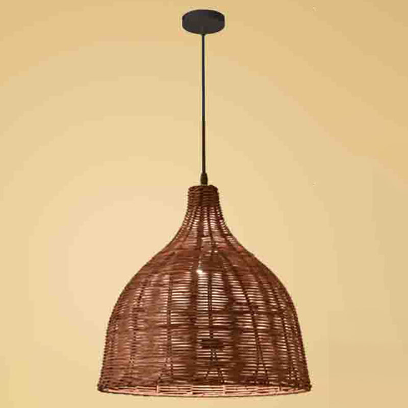 Hand-Woven Bamboo Bell-Shaped Pendant Light With Asian Rattan Shade And 59 Hanging Wire Coffee /