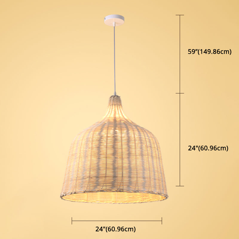 Hand-Woven Bamboo Bell-Shaped Pendant Light With Asian Rattan Shade And 59 Hanging Wire
