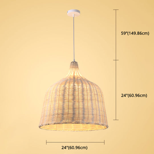 Hand-Woven Bamboo Bell-Shaped Pendant Light With Asian Rattan Shade And 59 Hanging Wire