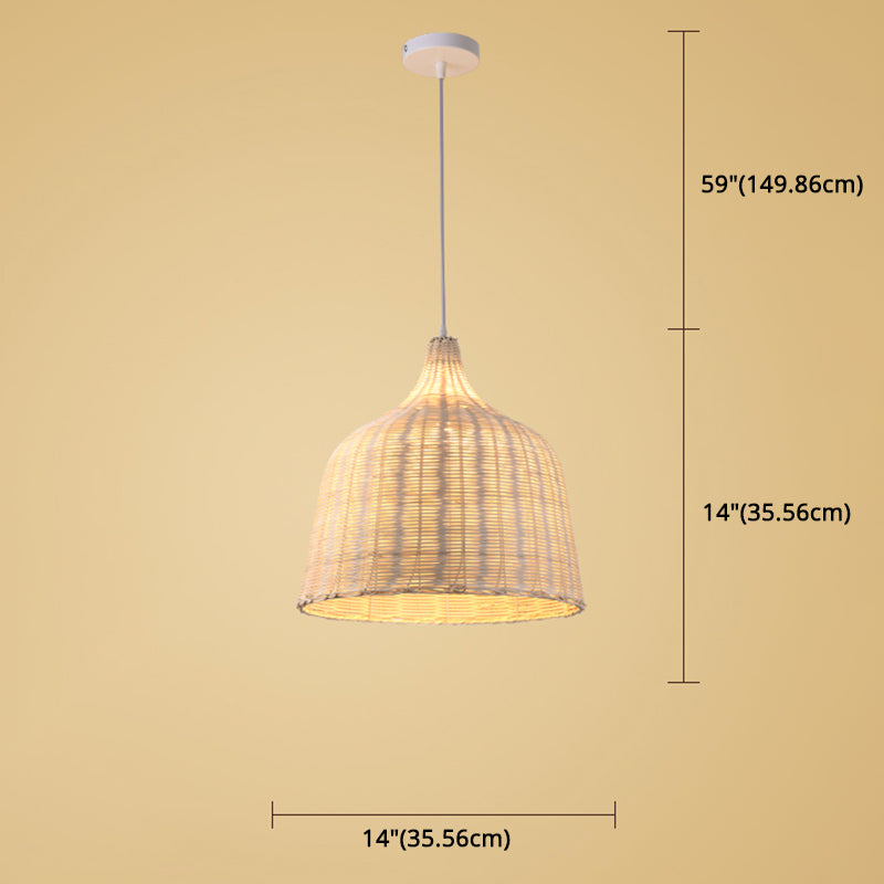 Hand-Woven Bamboo Bell-Shaped Pendant Light With Asian Rattan Shade And 59 Hanging Wire