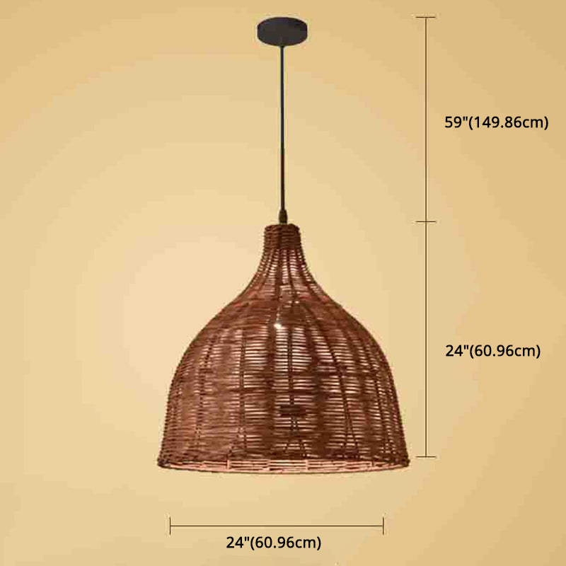 Hand-Woven Bamboo Bell-Shaped Pendant Light With Asian Rattan Shade And 59 Hanging Wire