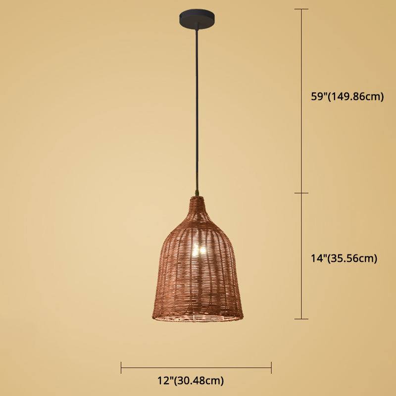 Hand-Woven Bamboo Bell-Shaped Pendant Light With Asian Rattan Shade And 59 Hanging Wire