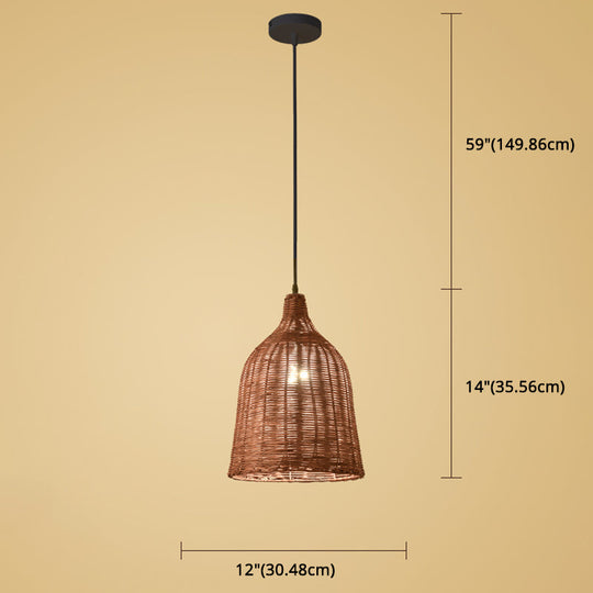 Hand-Woven Bamboo Bell-Shaped Pendant Light With Asian Rattan Shade And 59 Hanging Wire