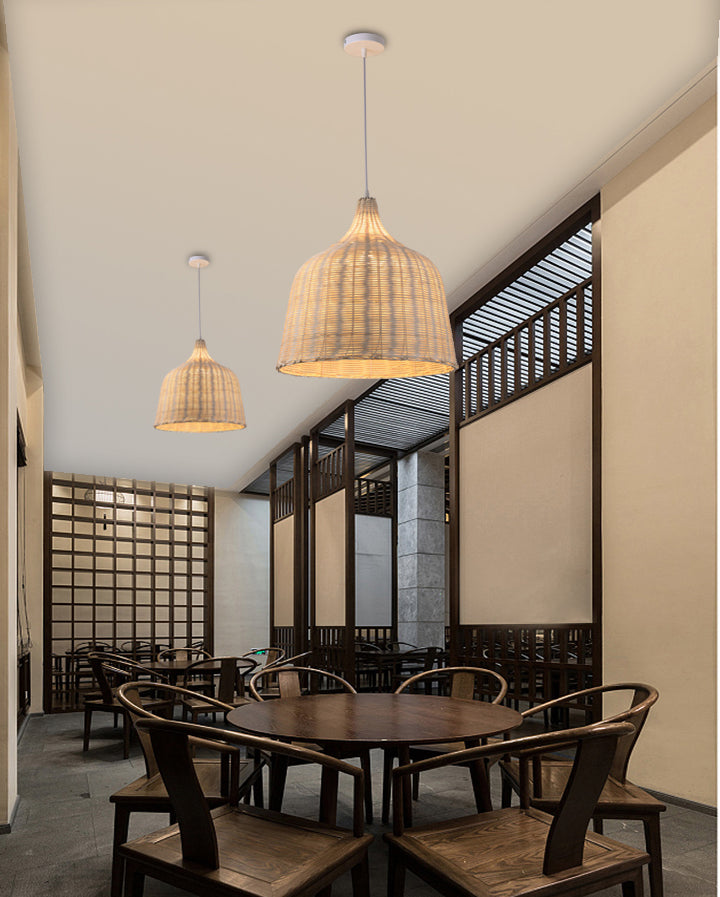Hand-Woven Bamboo Bell-Shaped Pendant Light With Asian Rattan Shade And 59 Hanging Wire