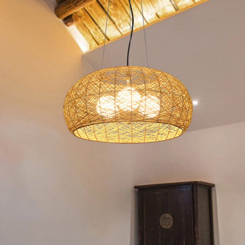 Hand-Woven Rattan Pendant Lights: 3-Light Suspension Lamp In Beige With 47 Hanging Cord - Ideal For