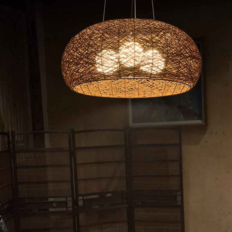 Hand-Woven Rattan Pendant Lights: 3-Light Suspension Lamp In Beige With 47 Hanging Cord - Ideal For