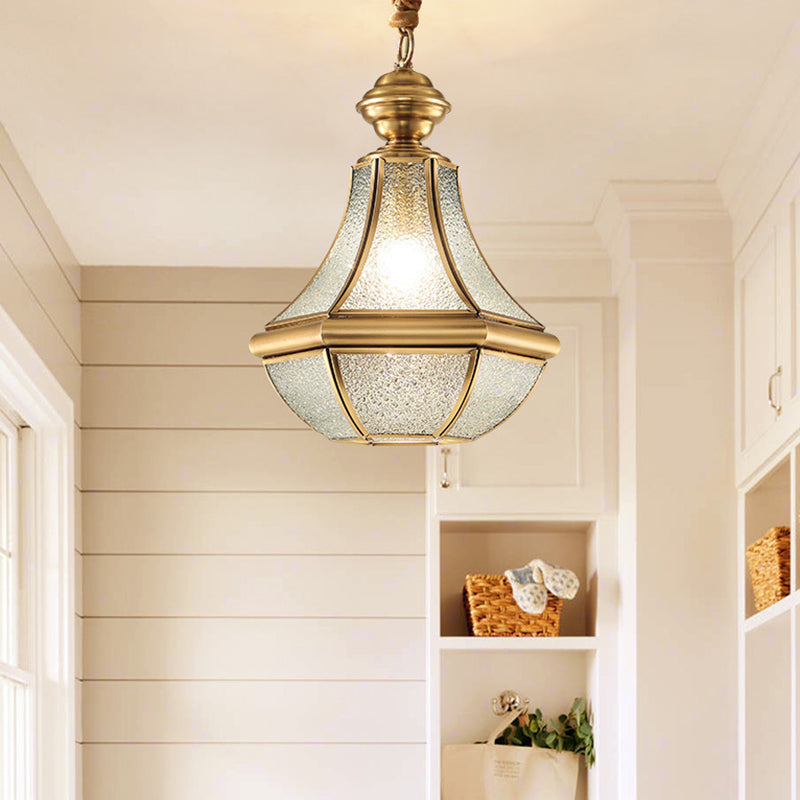 Colonial Brass Hanging Glass Jar Shade Pendant Light Fixture For Bedroom - Single Bulb Decorative