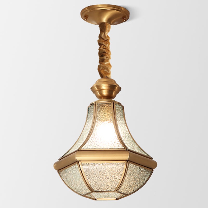 Colonial Brass Hanging Glass Jar Shade Pendant Light Fixture For Bedroom - Single Bulb Decorative