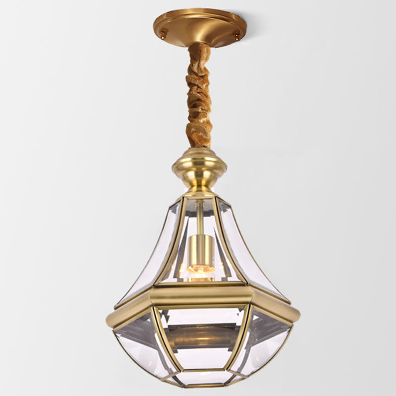 Colonial Brass Hanging Glass Jar Shade Pendant Light Fixture For Bedroom - Single Bulb Decorative