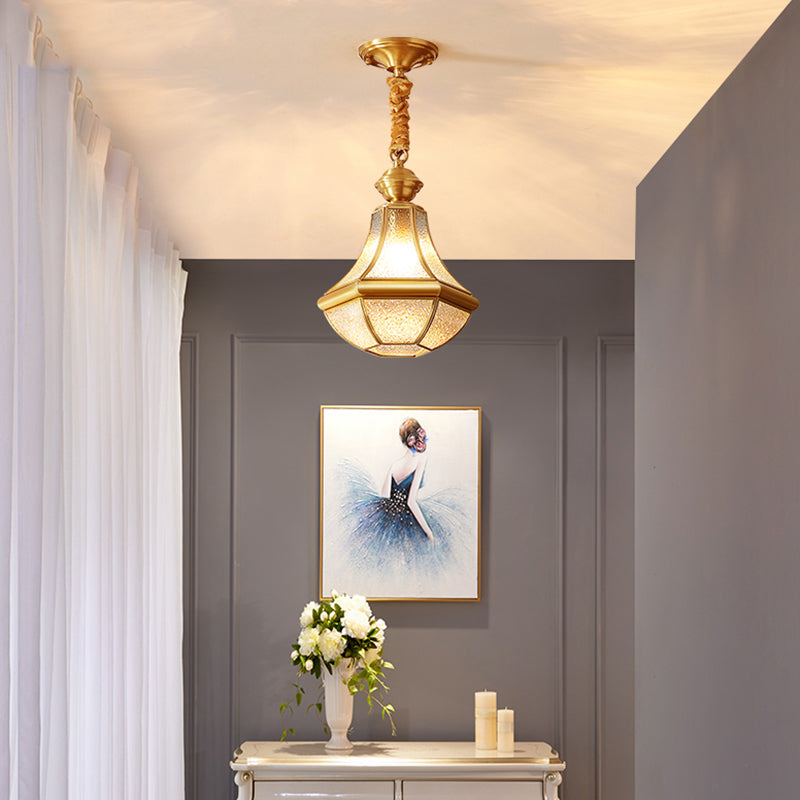 Colonial Brass Hanging Glass Jar Shade Pendant Light Fixture For Bedroom - Single Bulb Decorative