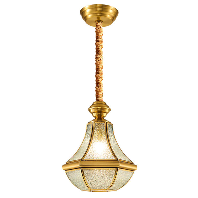 Colonial Brass Hanging Glass Jar Shade Pendant Light Fixture For Bedroom - Single Bulb Decorative