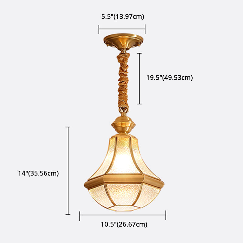 Colonial Brass Hanging Glass Jar Shade Pendant Light Fixture For Bedroom - Single Bulb Decorative