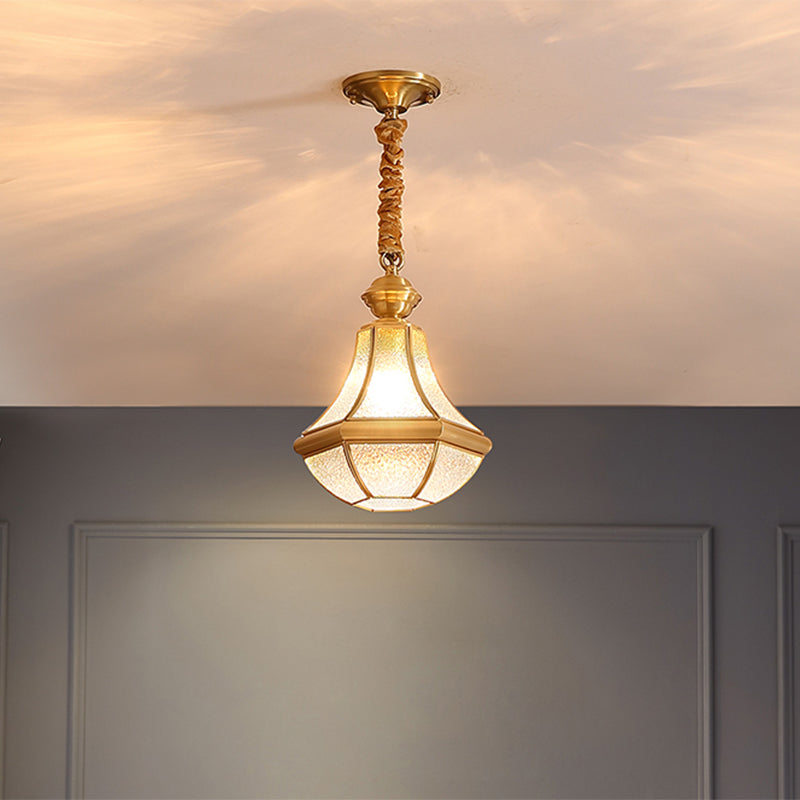 Colonial Brass Hanging Glass Jar Shade Pendant Light Fixture For Bedroom - Single Bulb Decorative