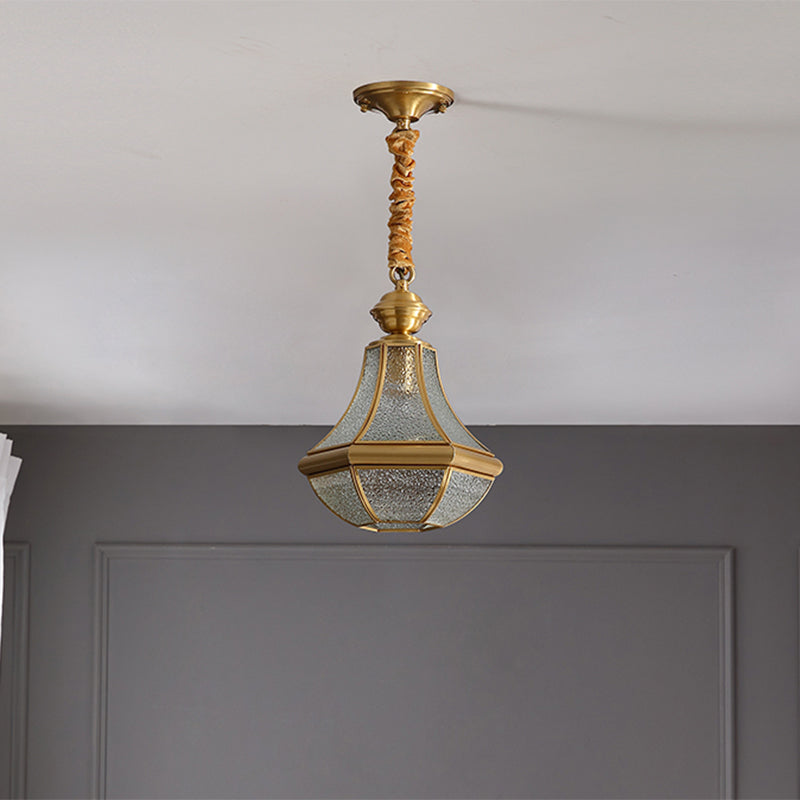 Colonial Brass Hanging Glass Jar Shade Pendant Light Fixture For Bedroom - Single Bulb Decorative