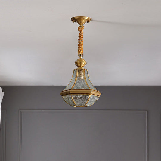 Colonial Brass Hanging Glass Jar Shade Pendant Light Fixture For Bedroom - Single Bulb Decorative