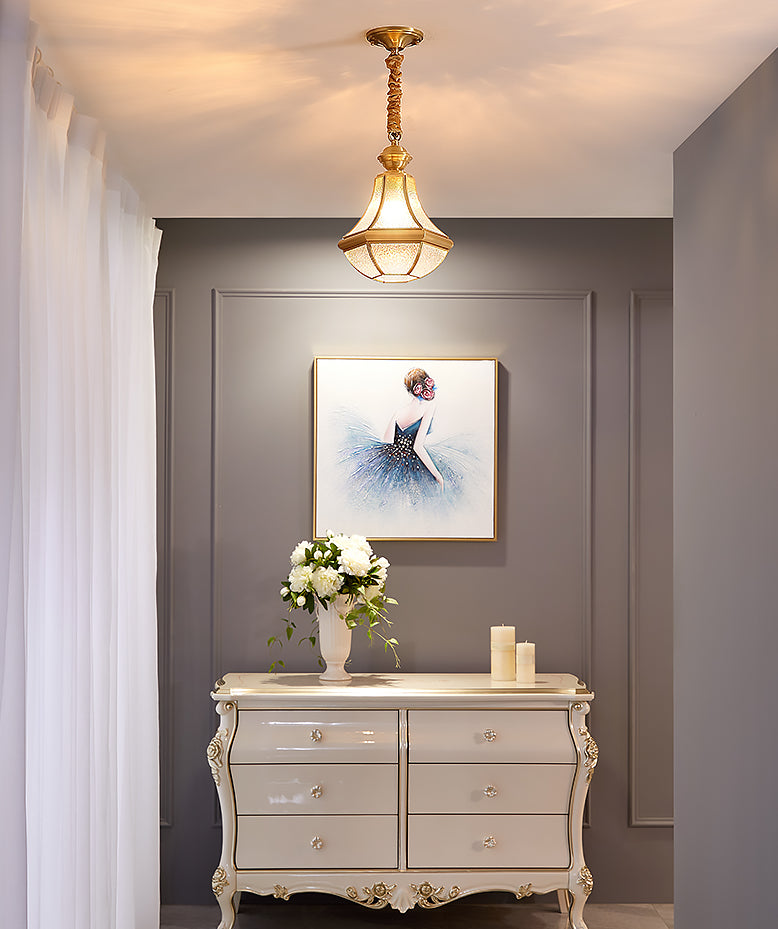 Colonial Brass Hanging Glass Jar Shade Pendant Light Fixture For Bedroom - Single Bulb Decorative