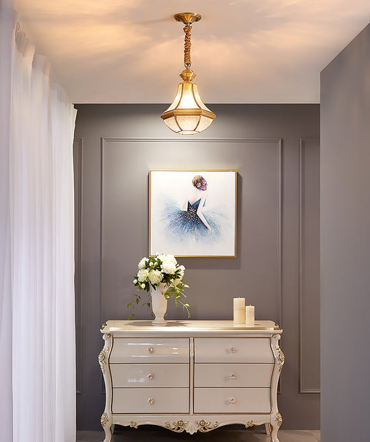 Colonial Brass Hanging Glass Jar Shade Pendant Light Fixture For Bedroom - Single Bulb Decorative