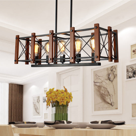 Rectangular Cage Industrial Pendant Light - 5-Light Metal Island Lighting In Black