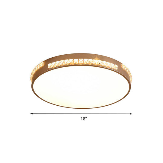 LED Bedroom Ceiling Light Fixture - Gold Flush Mount with Crystal Drum Shade (18”/21.5”) - Warm/3 Color Light