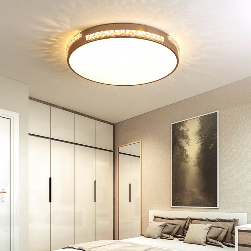 LED Bedroom Ceiling Light Fixture - Gold Flush Mount with Crystal Drum Shade (18”/21.5”) - Warm/3 Color Light