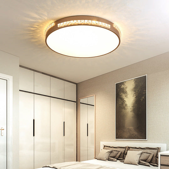 LED Bedroom Ceiling Light Fixture - Gold Flush Mount with Crystal Drum Shade (18”/21.5”) - Warm/3 Color Light