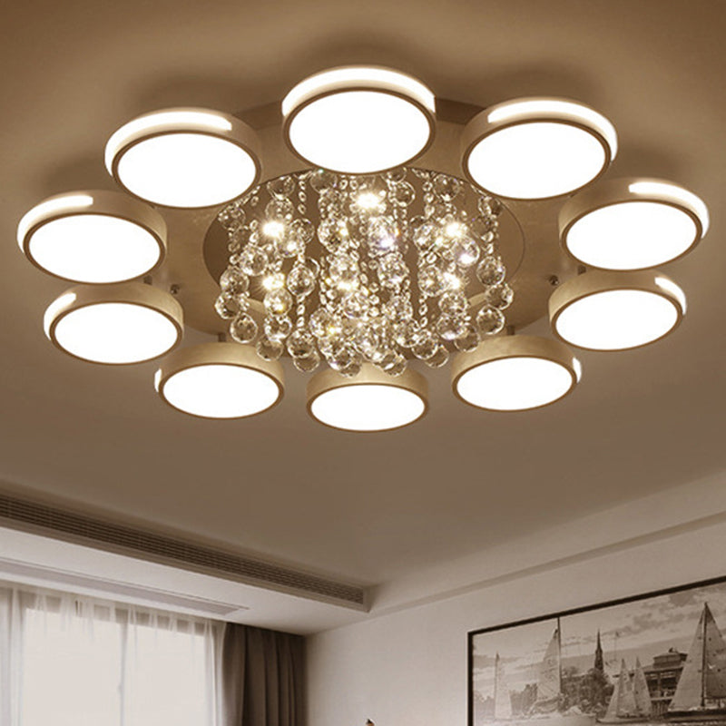 Contemporary White Round Crystal LED Ceiling Light - Flush Mount with Warm/White/3 Color Lighting