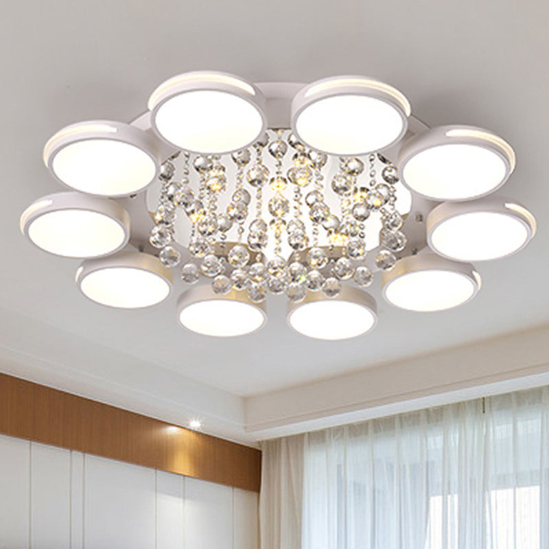 Contemporary White Round Crystal LED Ceiling Light - Flush Mount with Warm/White/3 Color Lighting