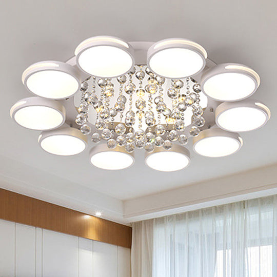 Contemporary White Round Crystal LED Ceiling Light - Flush Mount with Warm/White/3 Color Lighting