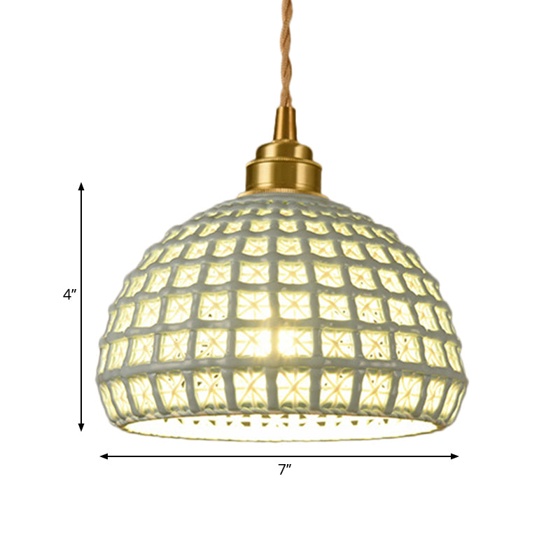 Vintage Ceramic Dome Suspension Lamp with Hollow Out Design, Blue/Pink 1-Light Hanging Fixture