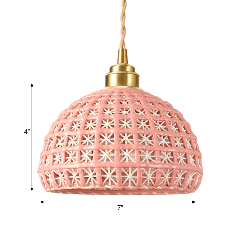 Vintage Ceramic Dome Suspension Lamp with Hollow Out Design, Blue/Pink 1-Light Hanging Fixture