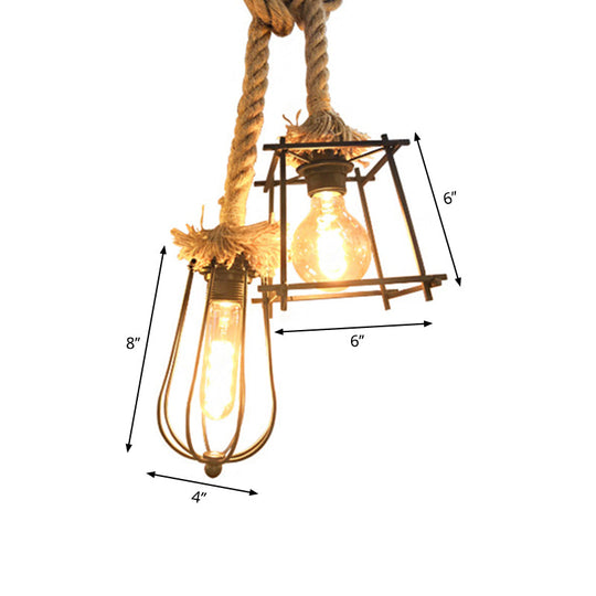 Lodge Style Black Caged Ceiling Fixture with Metal and Rope Hangings - 2 Lights and Unique Shade for Hallway Lighting