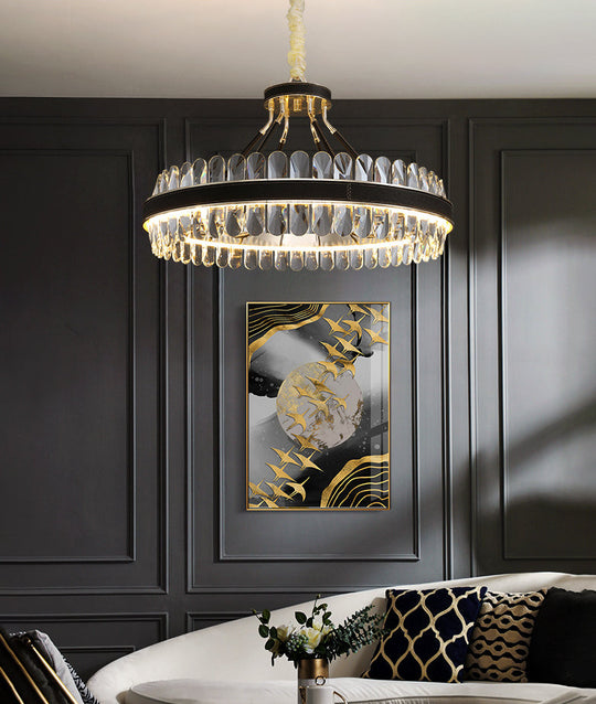 Minimalist Black-Gold Led Chandelier With Crystal Accents - Elegant Ceiling Pendant Light For Living