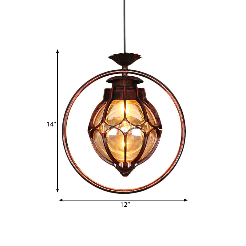 Rustic Amber Glass Hanging Pendant Light: 1-Light Suspension Lamp In Copper With Iron Ring