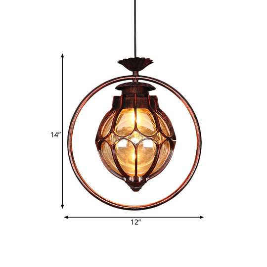 Rustic Amber Glass Hanging Pendant Light: 1-Light Suspension Lamp In Copper With Iron Ring