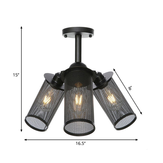 Industrial Metal Cylinder/Lantern Ceiling Light Fixture - 3 Heads, Black