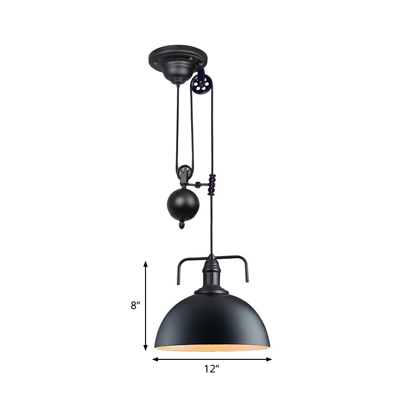 Metallic Pendant Light with Pulley Design - Black Dome Warehouse Style, 1 Light, 8"/12" Wide