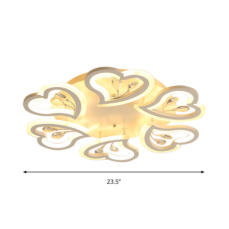 White Heart Shape LED Acrylic Ceiling Lamp - Modern Semi Flush Light with Crystal Accent - 19.5"/23.5"/31.5" W - Warm/White Light