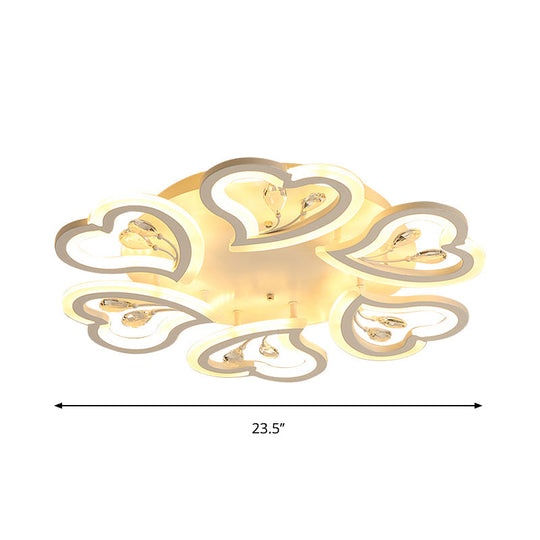 White Heart Shape LED Acrylic Ceiling Lamp - Modern Semi Flush Light with Crystal Accent - 19.5"/23.5"/31.5" W - Warm/White Light