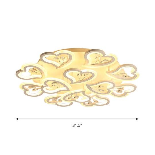 White Heart Shape LED Acrylic Ceiling Lamp - Modern Semi Flush Light with Crystal Accent - 19.5"/23.5"/31.5" W - Warm/White Light