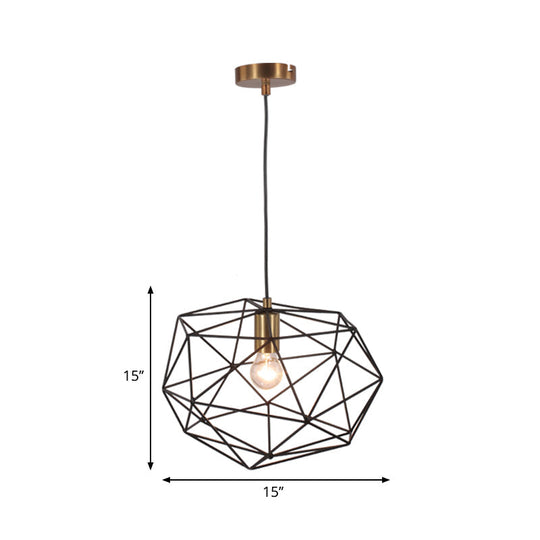 Black Vintage Style Wire Cage Pendant Lamp - 1-Light Metallic Hanging Fixture For Dining Room