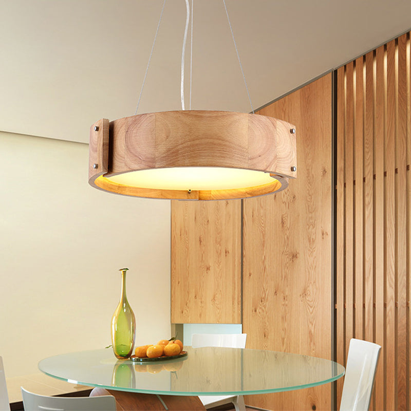 Simple Wood Hanging Drum Light For Modern Restaurants