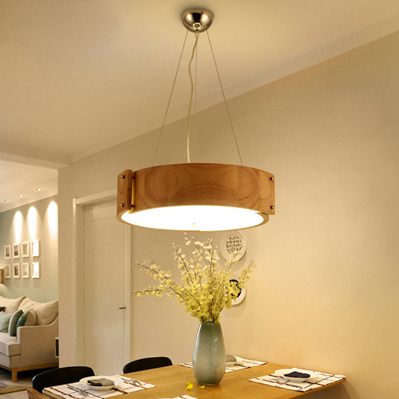 Simple Wood Hanging Drum Light For Modern Restaurants